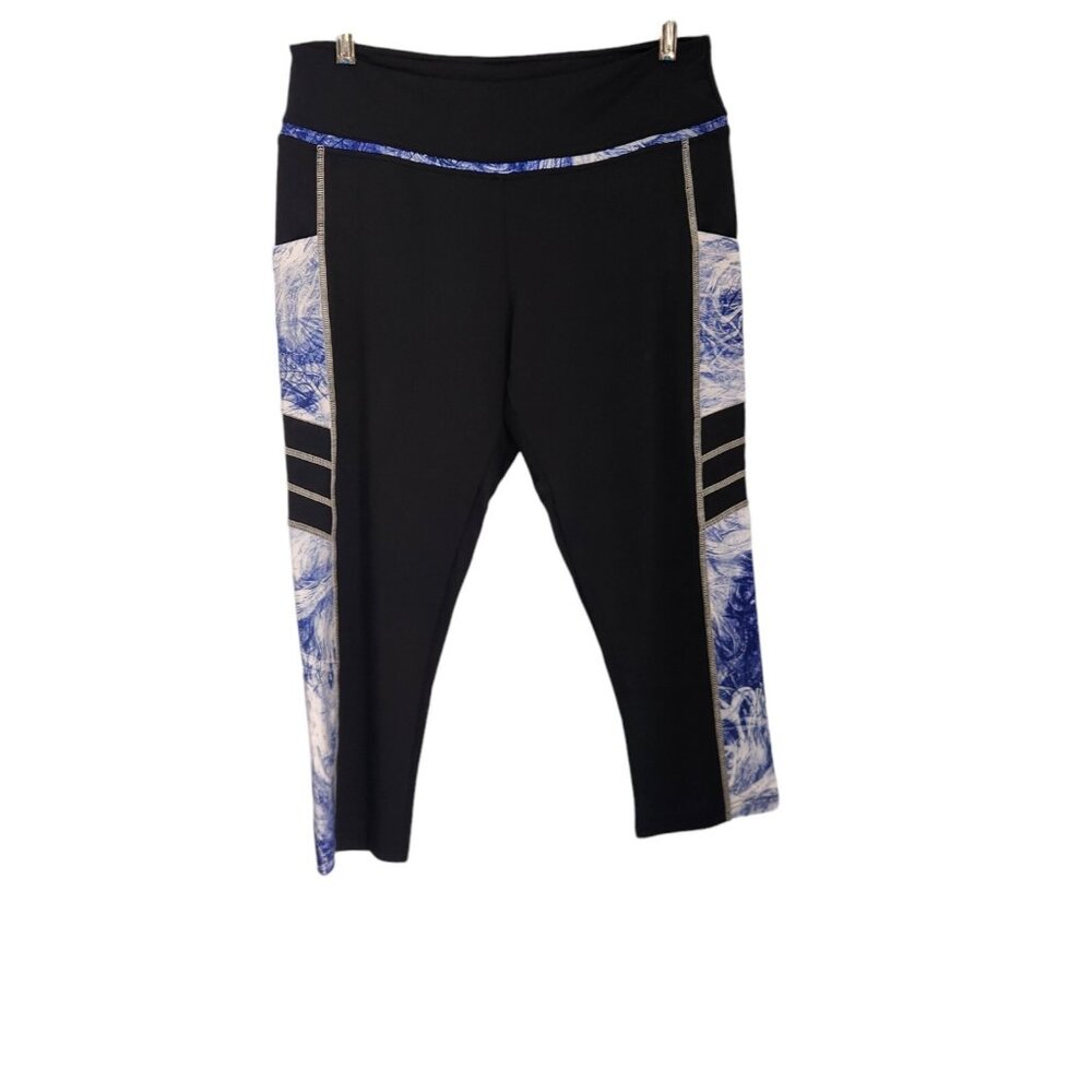 MUNVOT Leggings Running Workout Yoga Cropped‎ Pockets Black Blue Womens XL EUC